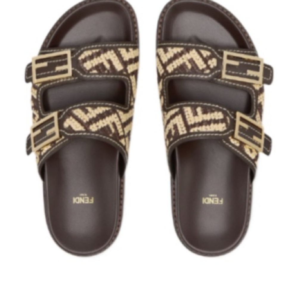 Fendi Dark Brown and Beige Logo Slides